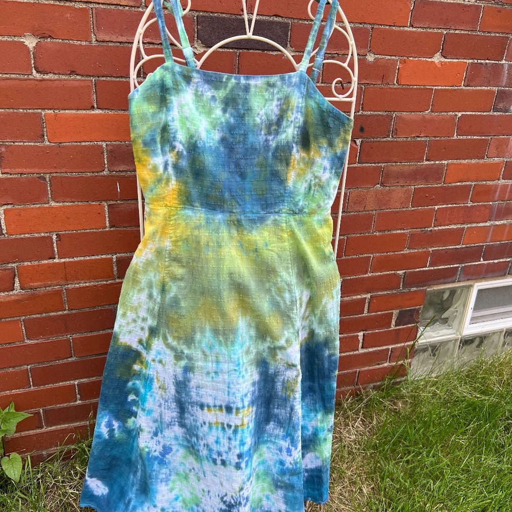 Free People sundress, tie dyed cotton in shades of blue, green and yellow